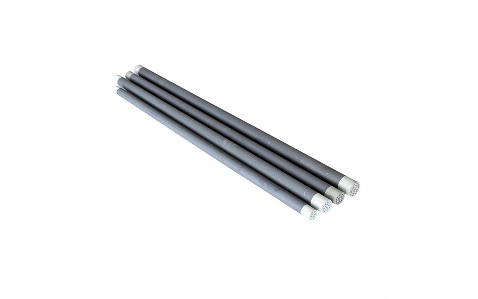 Multi-channel tubular ceramic membrane elements. Dark ceramic bodies, ivory channel ends.