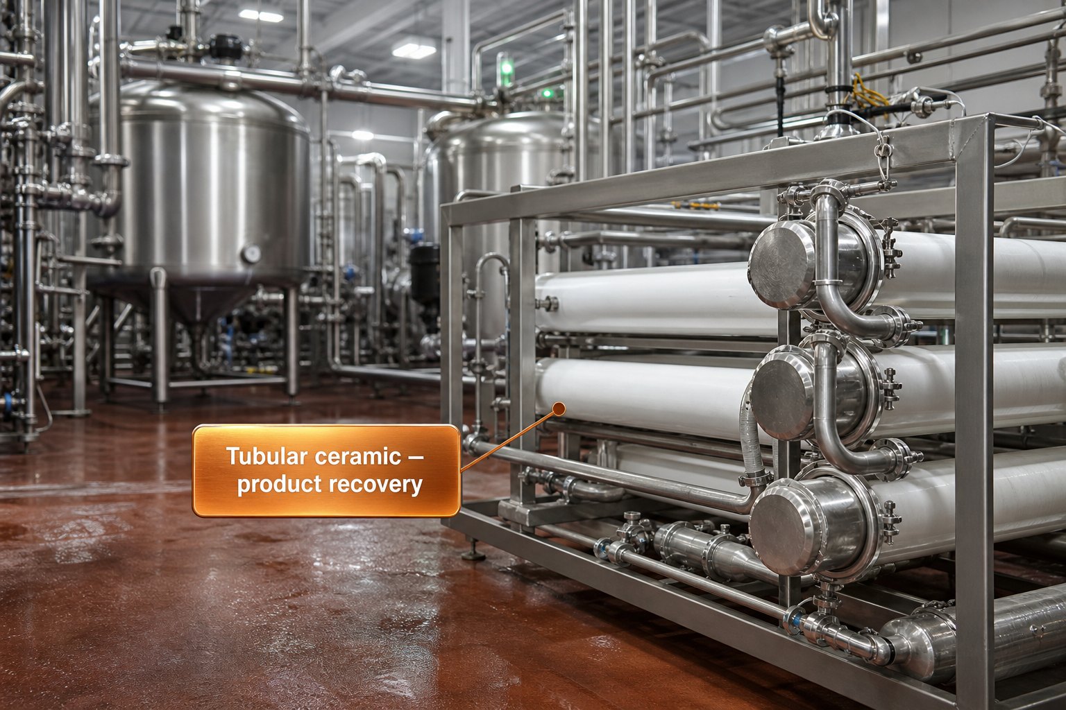 Tubular ceramic module in a food-and-beverage plant. Product-recovery duty.