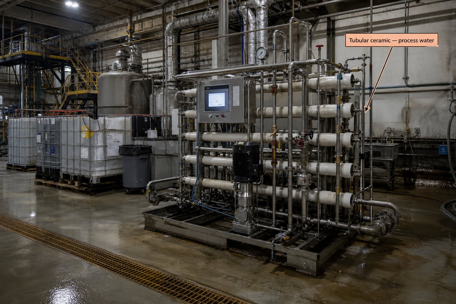 Tubular ceramic membrane module on a process-water factory floor. Stainless frame, horizontal housings, pump, and controls.
