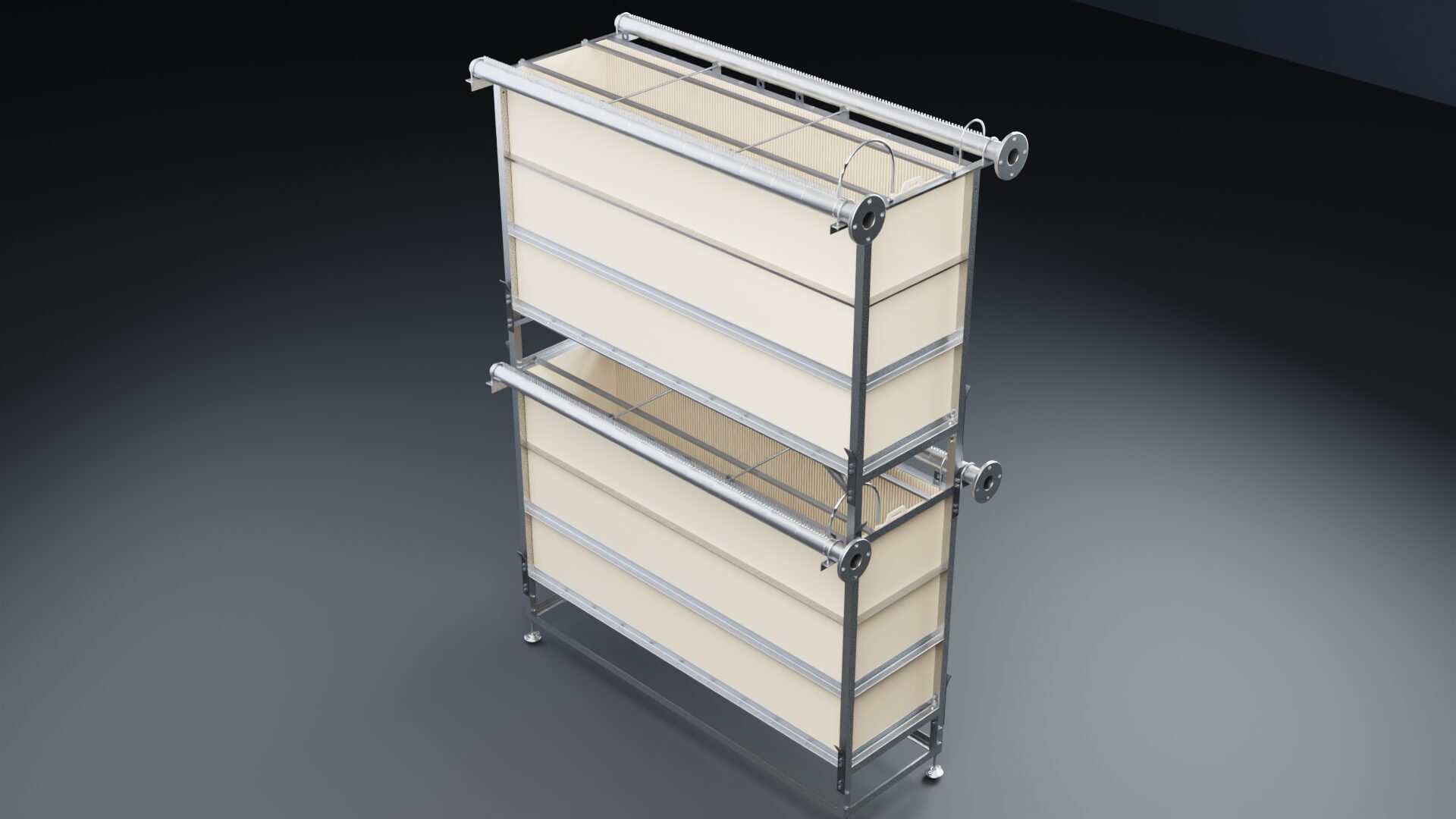 Two-tier Zyramic On-Board Scour cassette, isometric. 304 stainless frame, dual headers, On-Board Scour manifold on each tier.