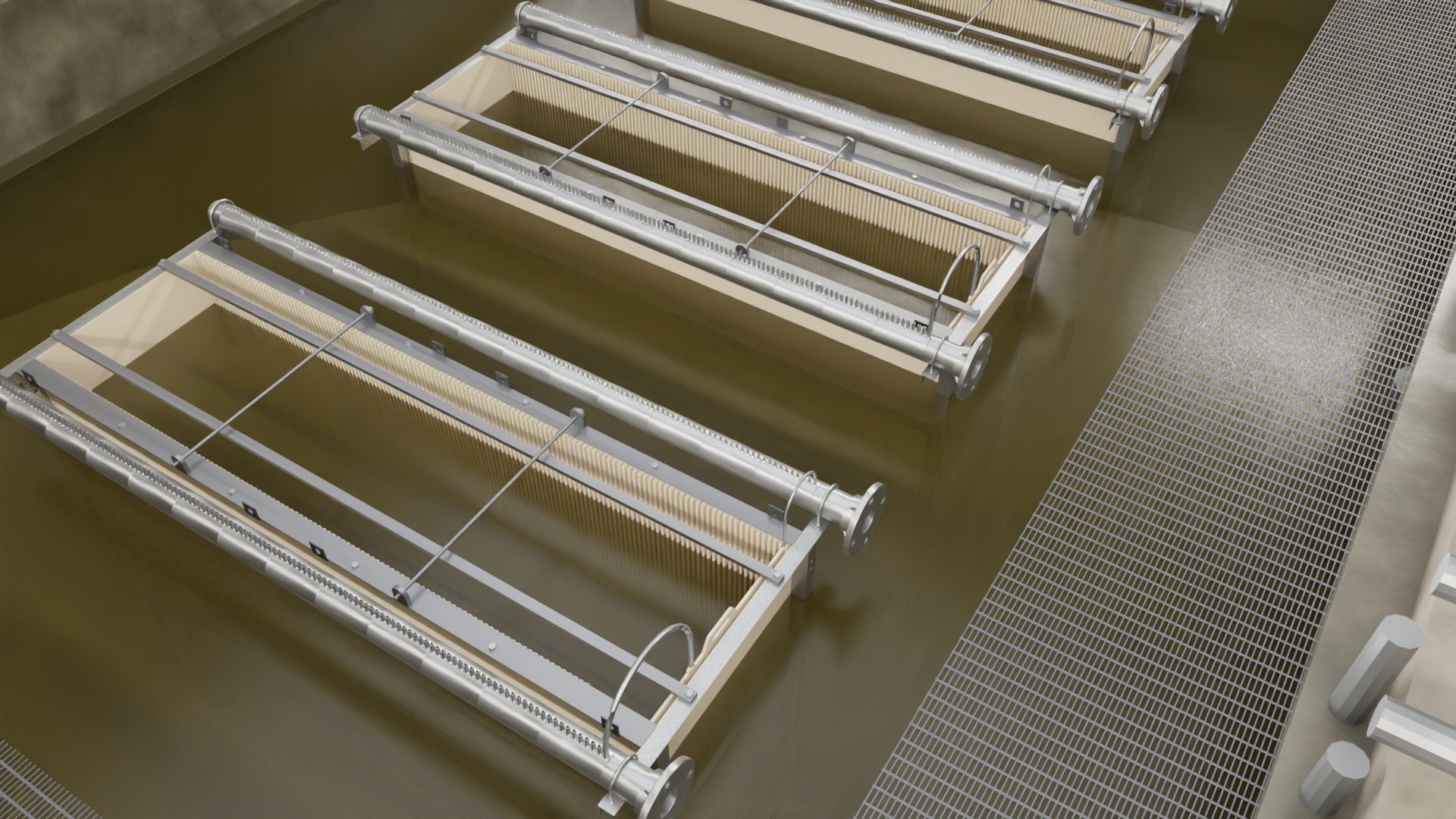 On-Board Scour modules in a membrane tank, walkway along the basin. Field work happens here.